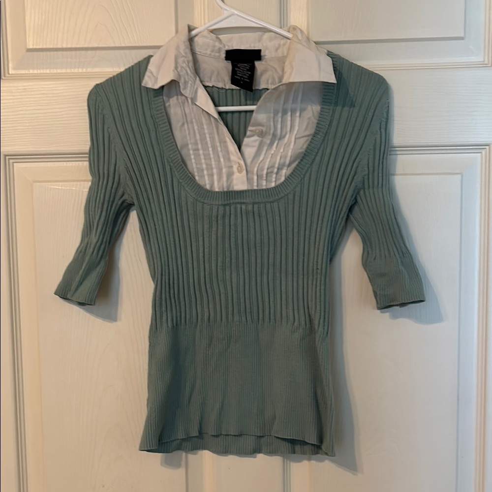 It's Our Time Green Ribbed Blouse with White Collar